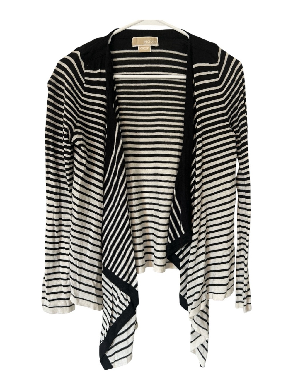 Michael Kors Women XS Black White Striped Draped Cardigan Open Front Cotton